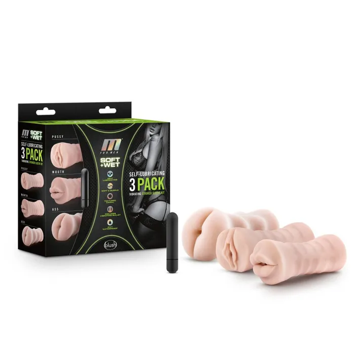 Male Sex Toys Blush Novelties M for Men 3Pack SelfLubricating Vibrating Stroker Sleeve Kit Vanilla