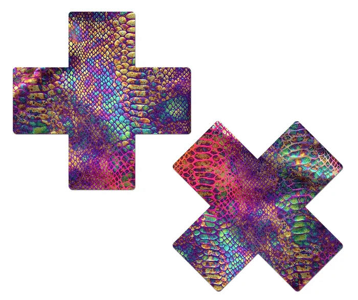 PASTEASE PLUS X NEON RAINBOW TIE DYE SNAKE PRINT CROSS NIPPLE PASTIES Fairvillacom Female Sex Toys PASTEASE PLUS X NEON RAINBOW TIE DYE SNAKE PRINT CROSS NIPPLE PASTIES Fairvillacom Female Sex Toys