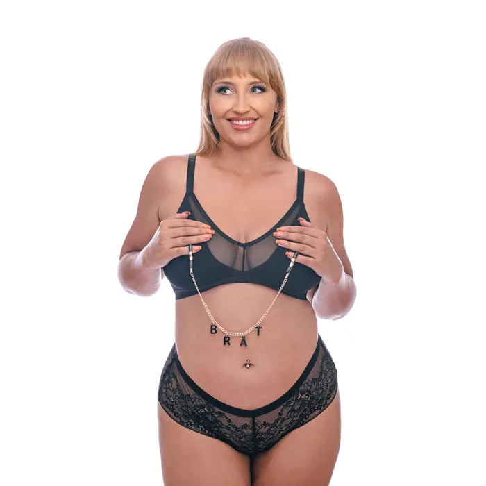ShhhWndsr Female Sex Toys Nipple Clamps with BRAT name Charms Rose Gold ShhhWndsr Female Sex Toys Nipple Clamps with BRAT name Charms Rose Gold