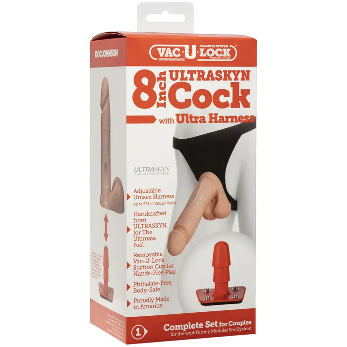 VacULock Ultraskyn 8 Inch Realistic Cock With Ultra Harness Doc Johnson Female Sex Toys